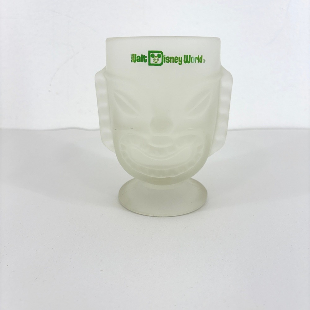 Vintage Walt Disney World Polynesian Village Frosted Glass Tiki Mug Green Logo